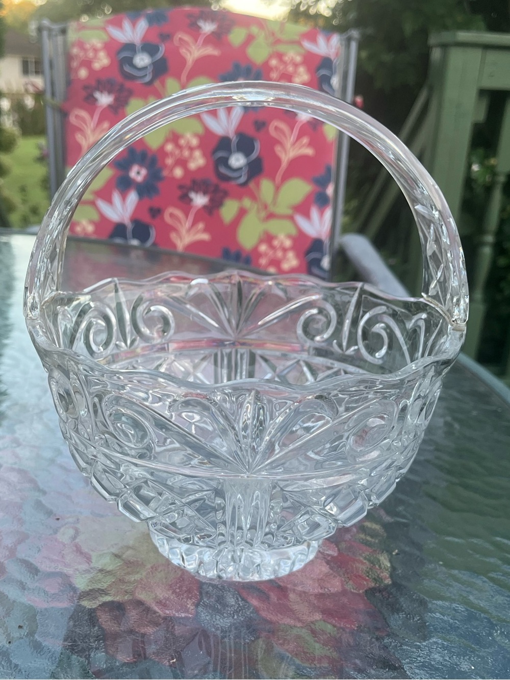 Vintage Clear Glass Bowl Basket Dish Handle Cut Star Scroll